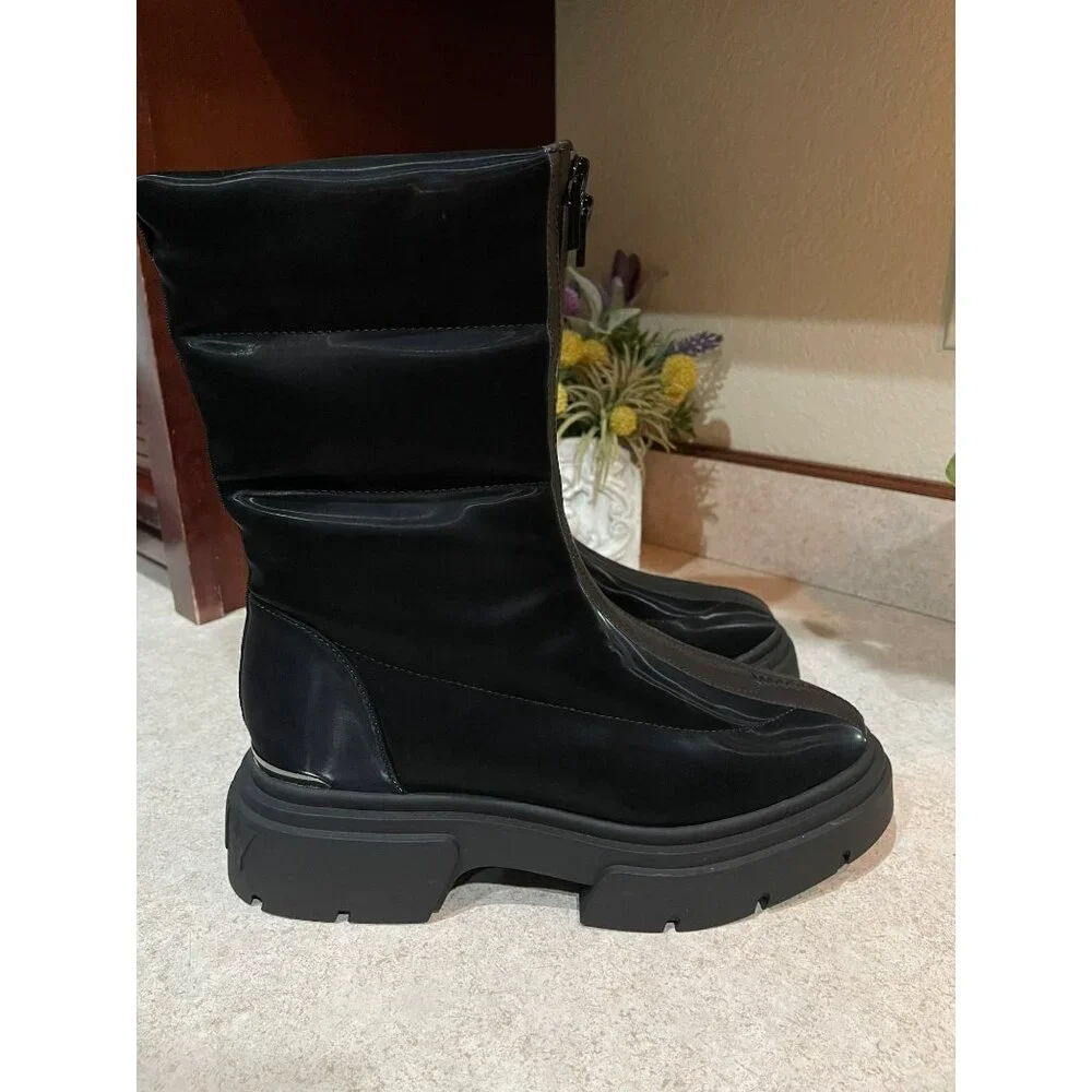 DKNY Fiza Black Platform Zipper Boots Chunky Sole Almond Toe Synthetic US Sz 7.5